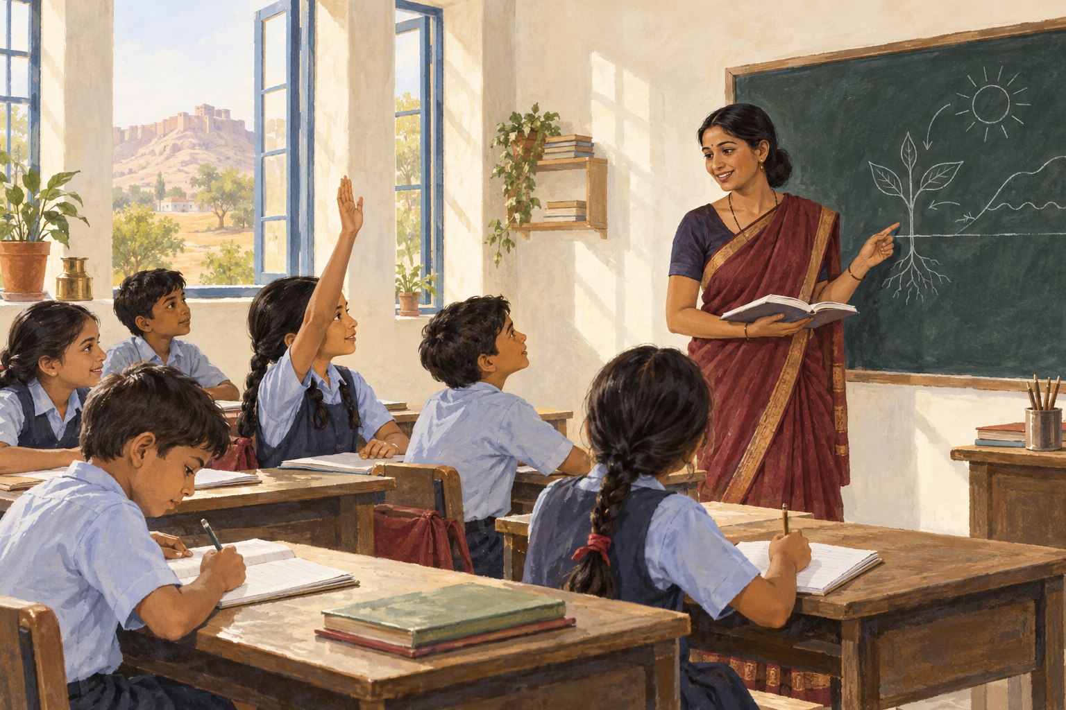 Illustration of a teacher guiding a classroom of children as one child raises her hand