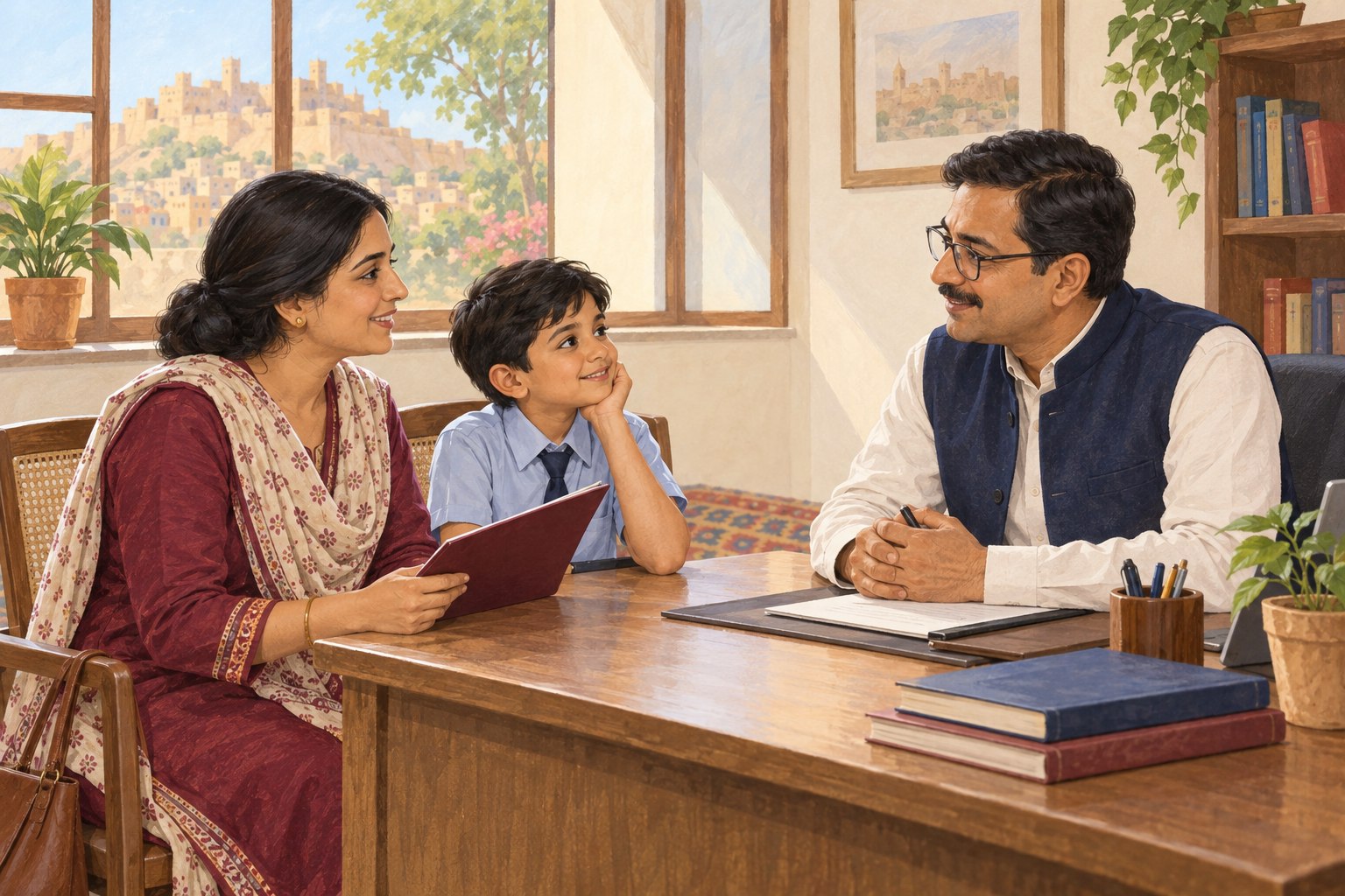 Illustration of a parent and child having a welcoming admission conversation with an educator