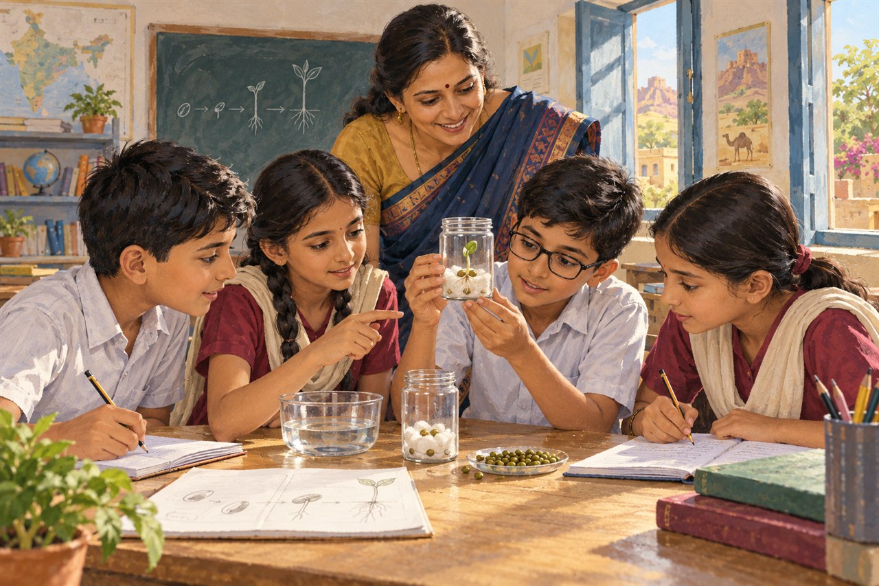 Editorial illustration of Indian students and a teacher observing a sprouting seed experiment