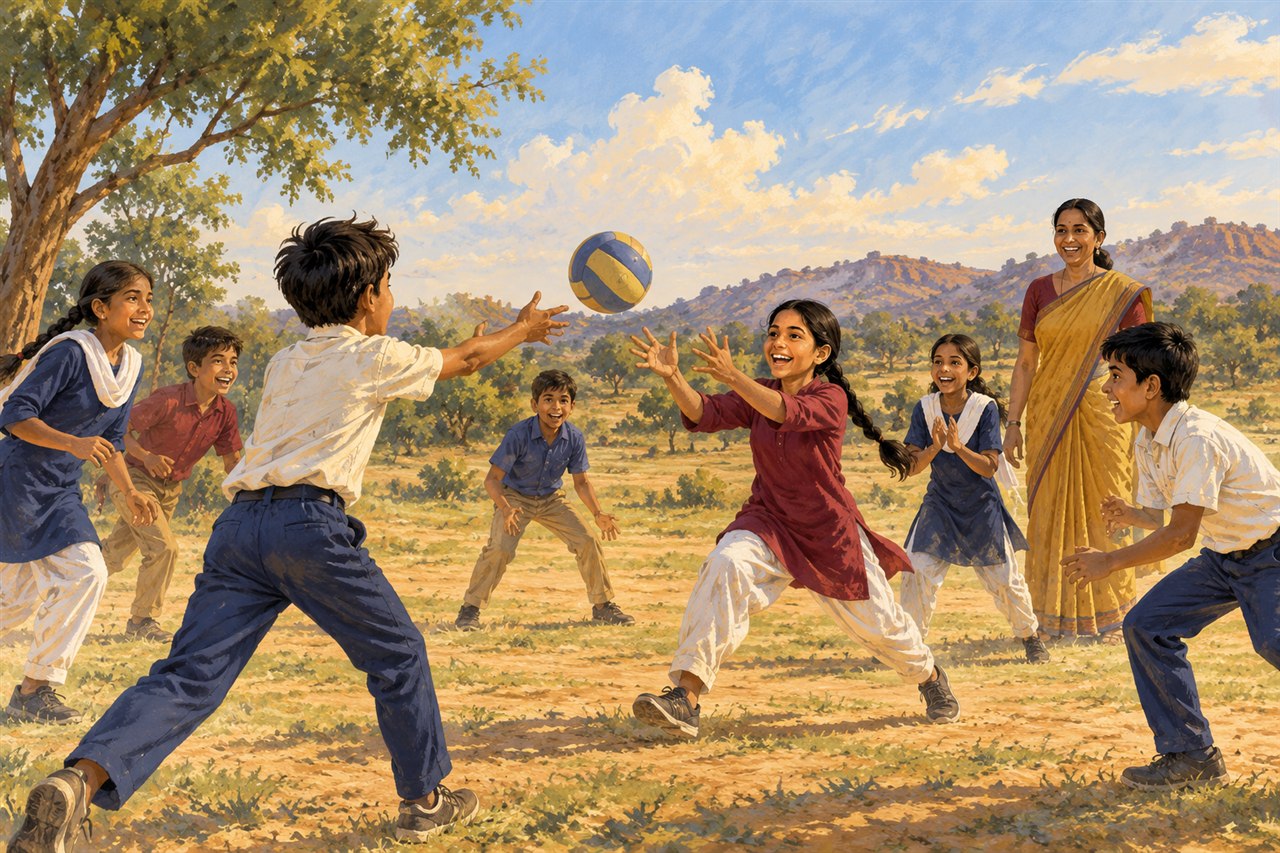 Editorial illustration of Indian schoolchildren enjoying a team ball game outdoors