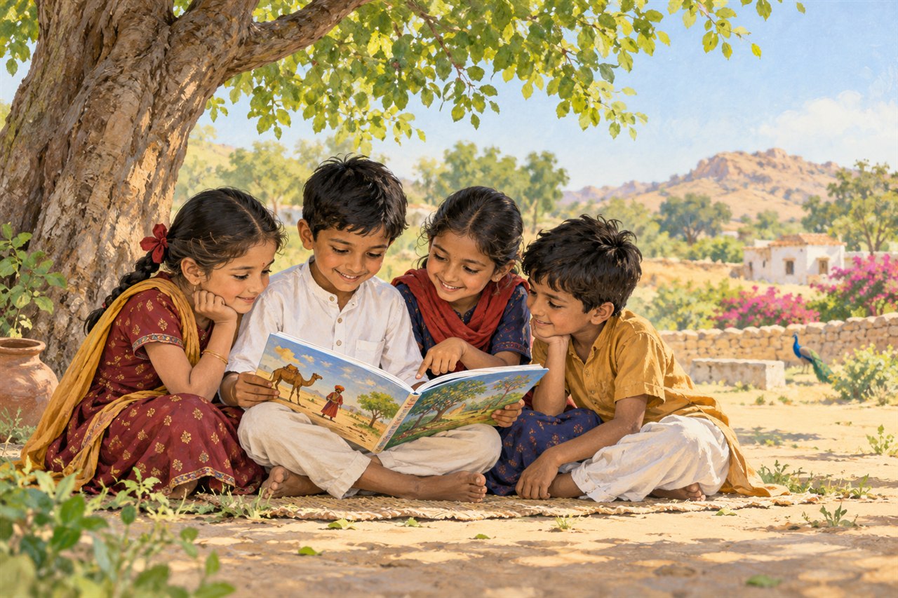 Editorial illustration of four Indian children reading a picture book together beneath a tree